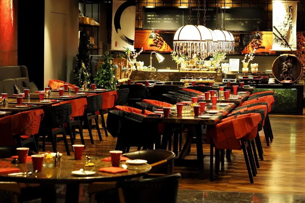 Restaurant interior with feature lighting